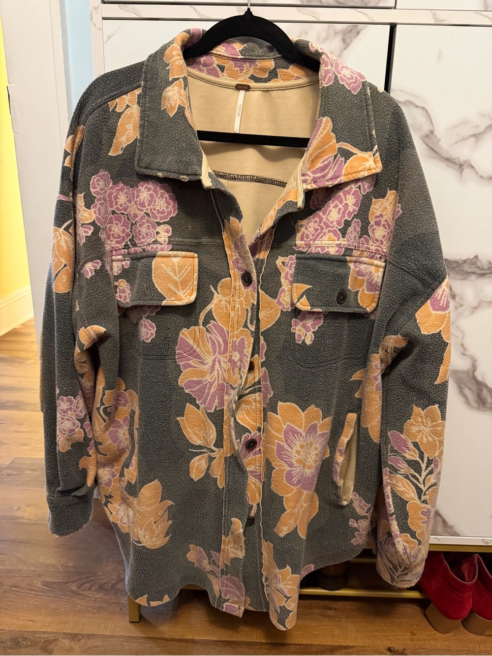 Free People Floral Teddy Jacket in Gray, Pink & Mustard